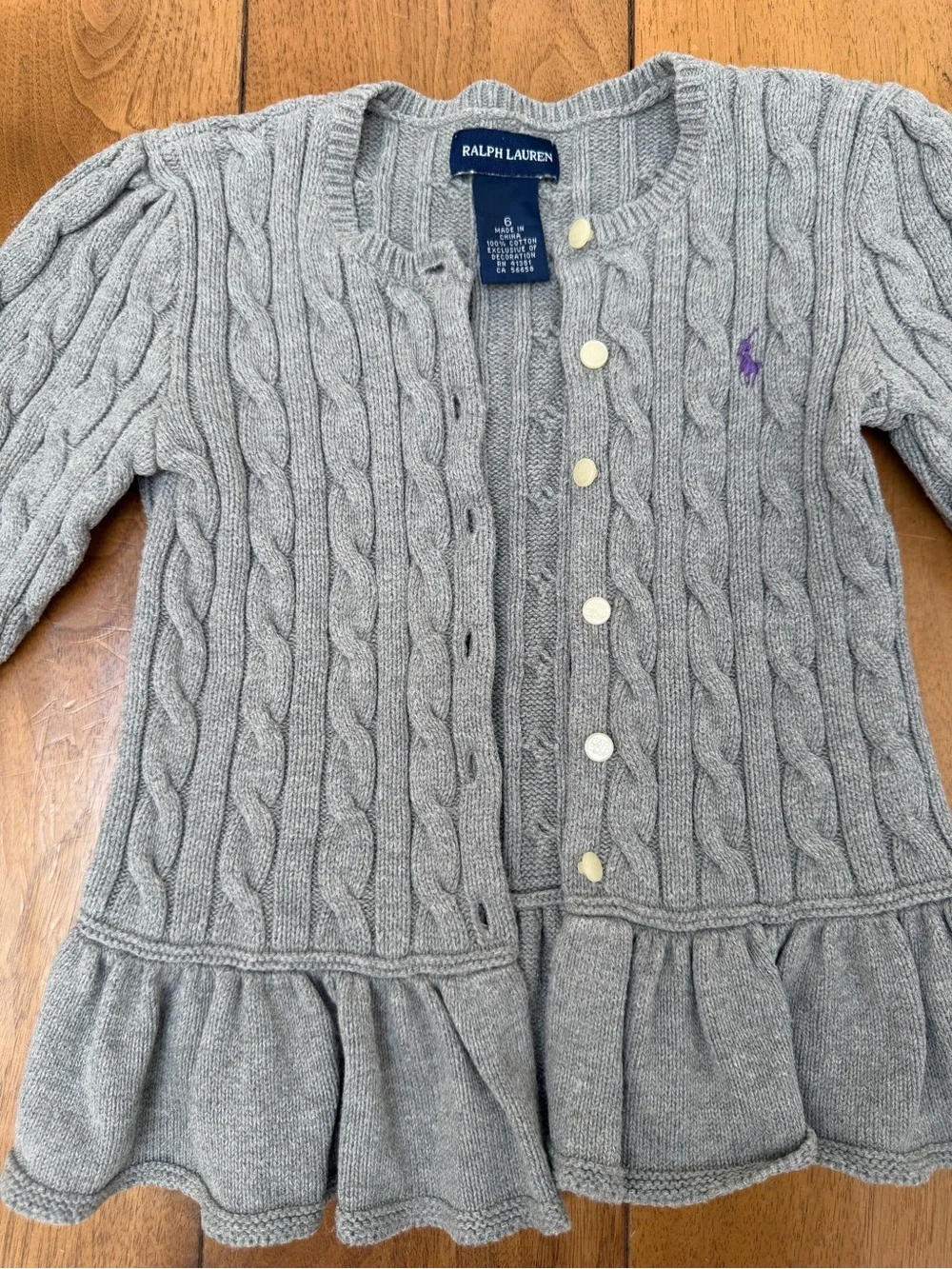 Ralph Lauren Girls Cable Knit Peplum Cardigan Gray Purple Pony Size 6 Cotton